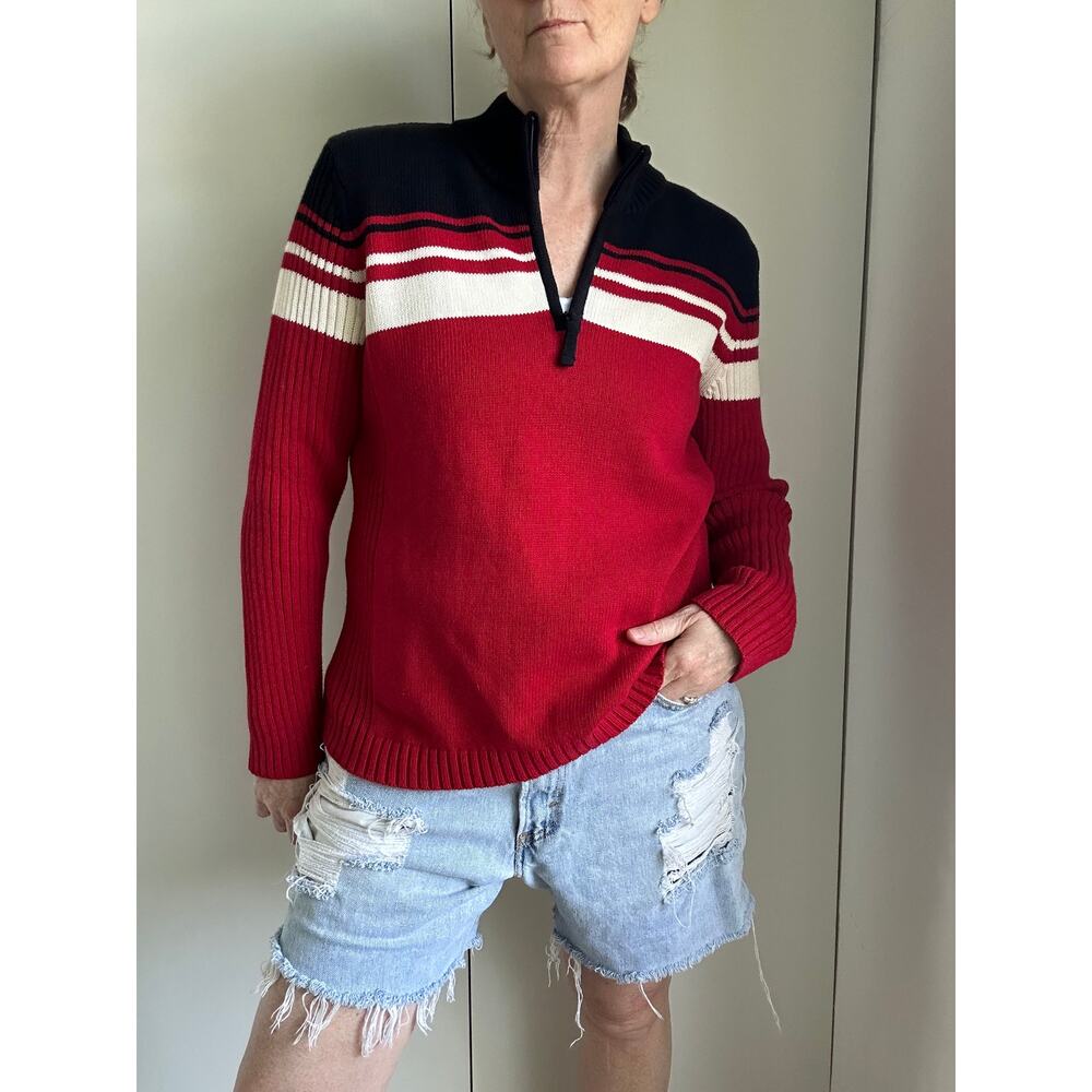 Y2K Preppy Mock Neck Sweater Red/White Black Streetwear Twee Coastal Stripe SZ L